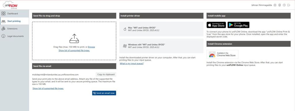 uniFlow webpage for BYOD